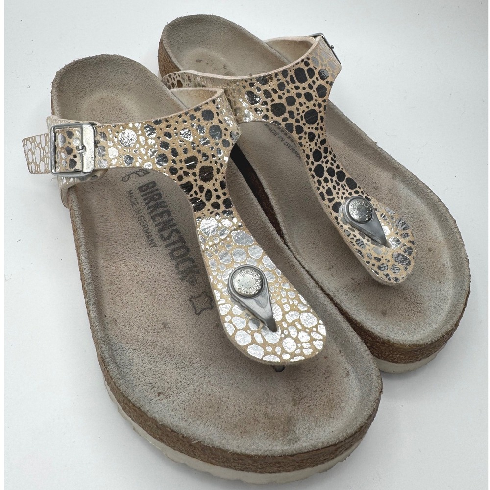 Birkenstock Gizeh Metallic Leopard Print Thong Sandals Gold Silver size 6